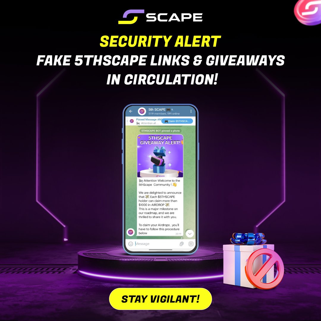5th_scape's tweet image. 🚨 Security Alert – Stay Safe from Fake 5thScape Giveaways! 🚨🚨
There’s no active 5thScape giveaway. We've noticed scammers sharing fake links pretending to be us—please be careful! These links are NOT from our official website.
⚠️ A few simple steps to stay safe:
✅…