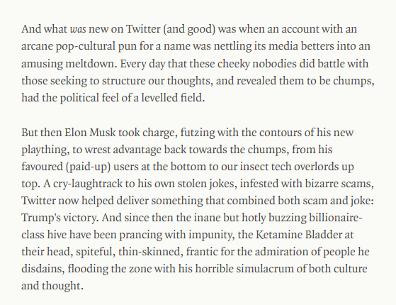 London Review of Books (@lrb) on Twitter photo ‘Twitter remains for now by some way the market-leader, but its use-value is fast vanishing, as even the more sluggish old-school news and comment organisations recognise.’
Mark Sinker (<a href="/HiddenLandsc8pe/">Mark Sinker</a>) on Bluesky, from December:
lrb.co.uk/blog/2024/dece… ‘Twitter remains for now by some way the market-leader, but its use-value is fast vanishing, as even the more sluggish old-school news and comment organisations recognise.’
Mark Sinker (<a href="/HiddenLandsc8pe/">Mark Sinker</a>) on Bluesky, from December:
lrb.co.uk/blog/2024/dece…