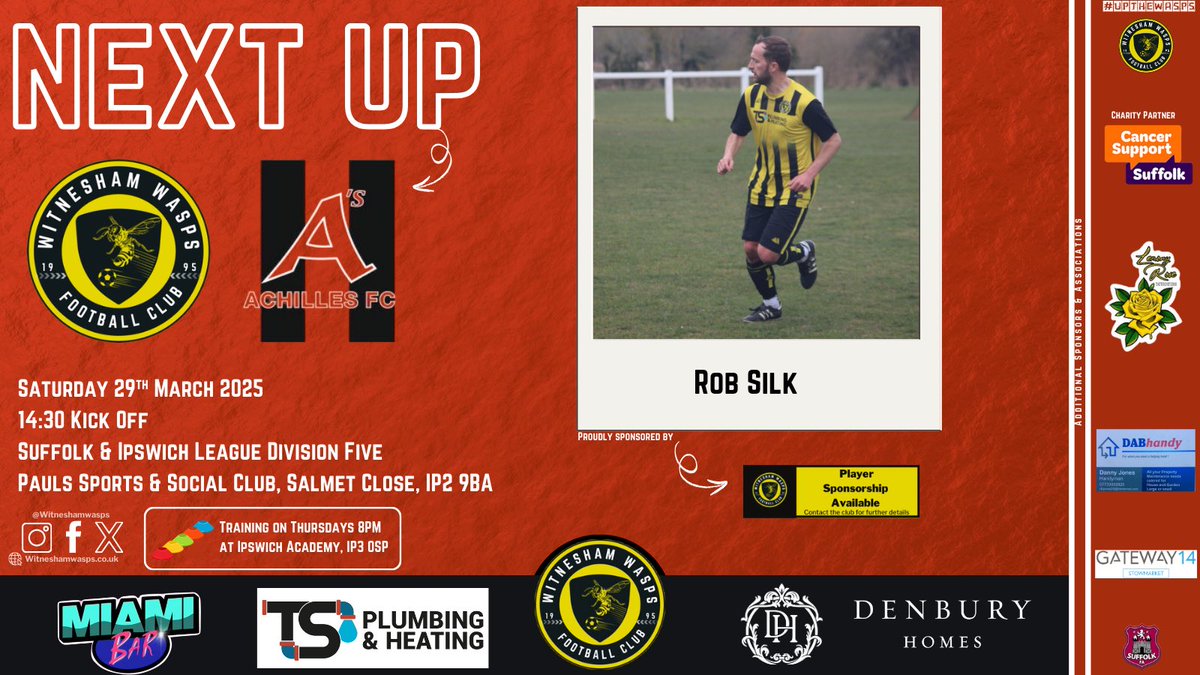 Witnesham Wasps FC (@witneshamwasps) on Twitter photo Saturday we travel to <a href="/AchillesFC_Mens/">Achilles FC</a> Res looking for a win to secure promotion from Division 5 ⚽️
📸:Rob Silk
Training this Thursday is at the usual location of Ipswich Academy, IP3 0SP starting at 8PM ⚽️
Thanks to our sponsors for their continued support 🤝
#UpTheWasps🐝 Saturday we travel to <a href="/AchillesFC_Mens/">Achilles FC</a> Res looking for a win to secure promotion from Division 5 ⚽️
📸:Rob Silk
Training this Thursday is at the usual location of Ipswich Academy, IP3 0SP starting at 8PM ⚽️
Thanks to our sponsors for their continued support 🤝
#UpTheWasps🐝