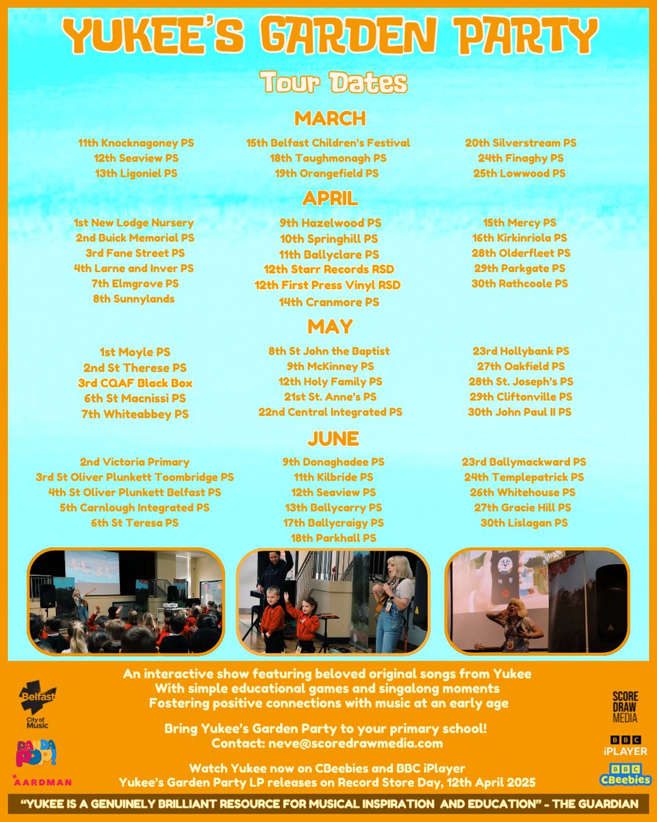 Yukee is hitting the road!🚗🎶

In Spring 2025, we’re bringing our “Yukee’s Garden Party” live show on tour across Northern Ireland! 

We have limited dates left in June so get in touch if you’d like to bring Yukee’s Garden Party to your primary school: neve@scoredrawmedia.com