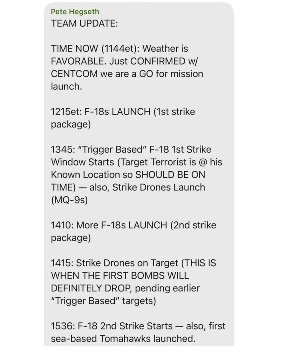 Jesus Christ this is Bad.  Hegseth provided Operation details directly in the chat with the reporter: