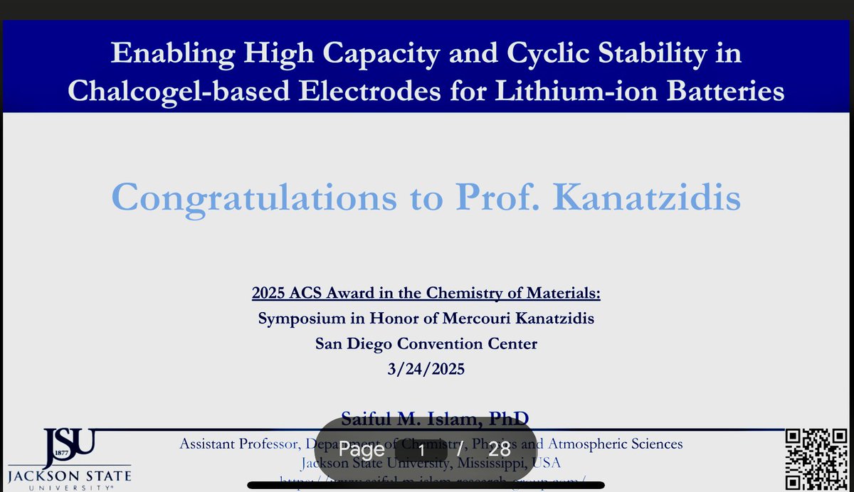 M. Saiful Islam (@saifuladvmatlab) on Twitter photo Big congrats to <a href="/MercouriK/">Mercouri Kanatzidis</a> , my amazing postdoc mentor, on his well-deserved ACS Chemistry of Materials award! I'm truly humbled and honored to present our work from <a href="/JacksonStateU/">Jackson State U.</a> at the Chemistry of Materials Symposium, organized in his honor, at ACS Spring San Diego 2025! Big congrats to <a href="/MercouriK/">Mercouri Kanatzidis</a> , my amazing postdoc mentor, on his well-deserved ACS Chemistry of Materials award! I'm truly humbled and honored to present our work from <a href="/JacksonStateU/">Jackson State U.</a> at the Chemistry of Materials Symposium, organized in his honor, at ACS Spring San Diego 2025!