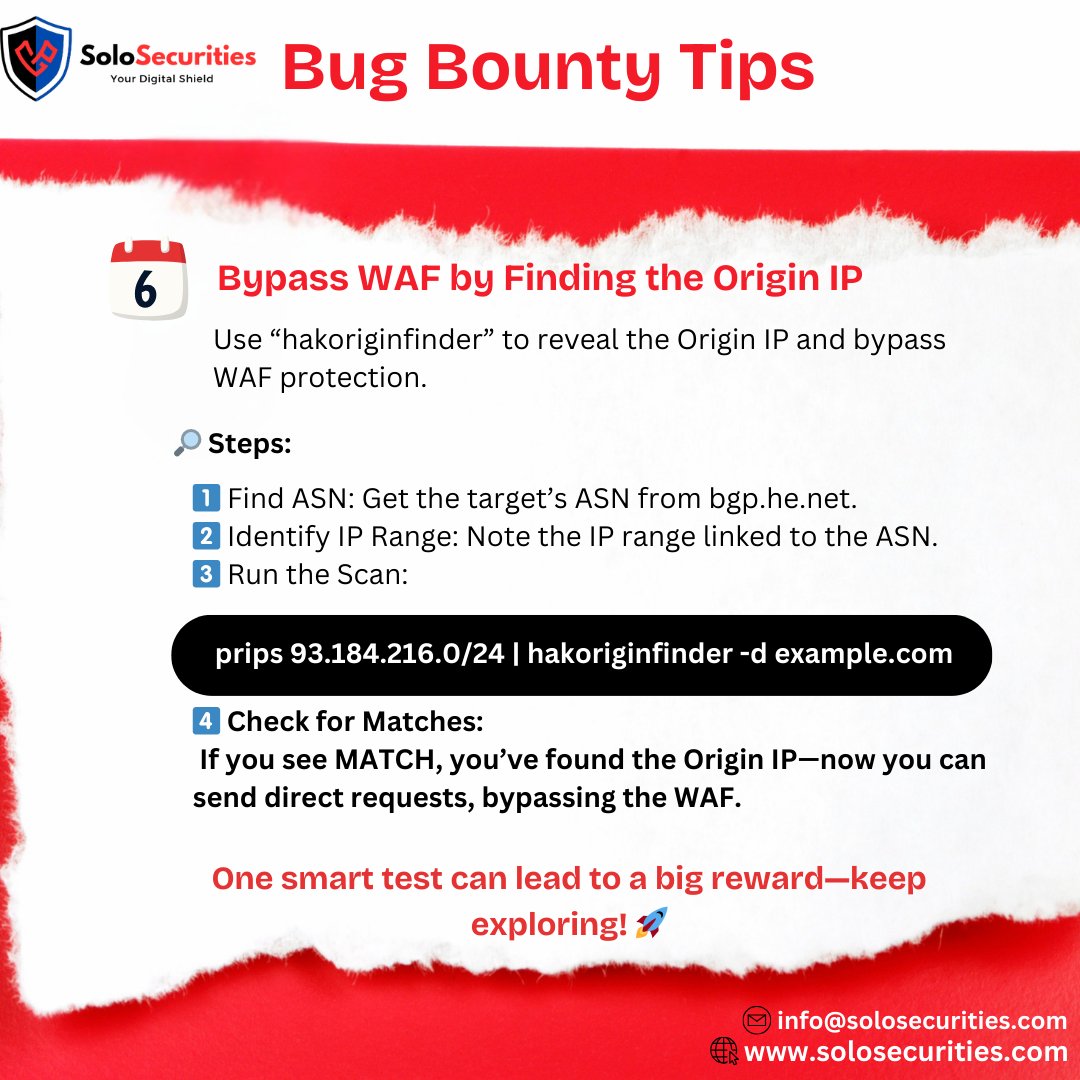 🚀 Bug Bounty Tip: Bypass WAF by Finding the Origin IP!

🔎 Steps:
1️⃣ Find ASN via bgp.he.net
2️⃣ Identify the IP range
3️⃣ Scan with:
prips 93.184.216.0/24 | hakoriginfinder -d example.com
4️⃣ Check for MATCH—you’ve found the Origin IP!🎯

#CyberSecurity