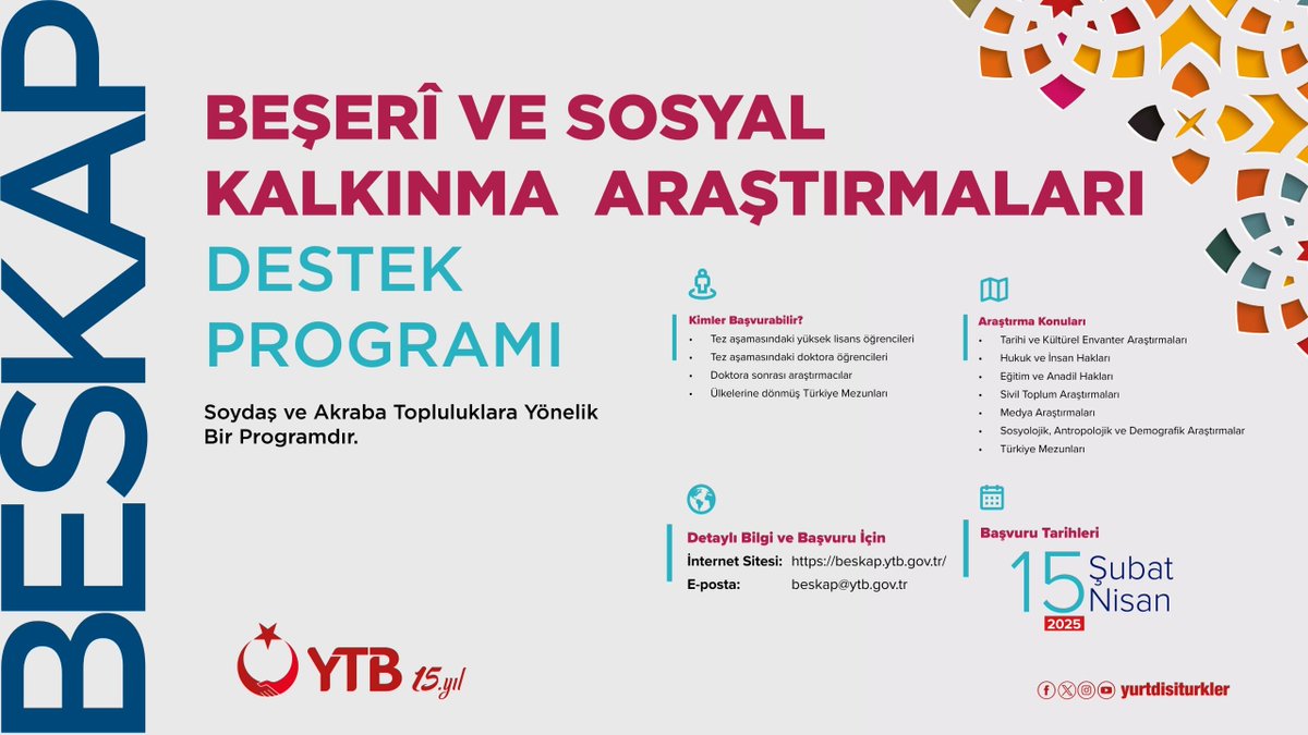 yurtdisiturkler's tweet image. Beşeri ve Sosyal Kalkınma Araştırmaları Destek Programı başvuruları için son 🔟 gün❗️

#BESKAP ile soydaş ve akraba topluluklarımızın beşerî ve sosyal kalkınmalarına yönelik kapsamlı, yol haritası oluşturan, özgün, yenilikçi tez ve bilimsel araştırmalarına destekler verilecek.