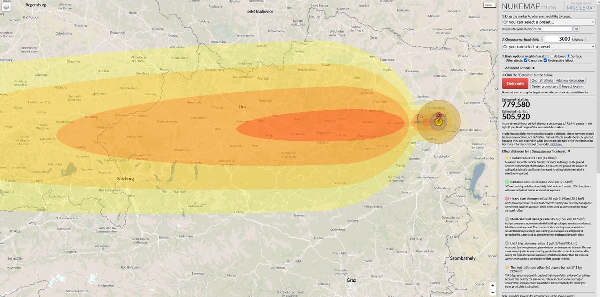 Servicetweet für <a href="/BMeinl/">Beate Meinl-Reisinger</a> : wer mit dem Krieg spielt, sollte verstehen, wovon er redet.

Die Folgen des Einschlags einer Interkontinentalrakete in Wien.

nuclearsecrecy.com/nukemap/