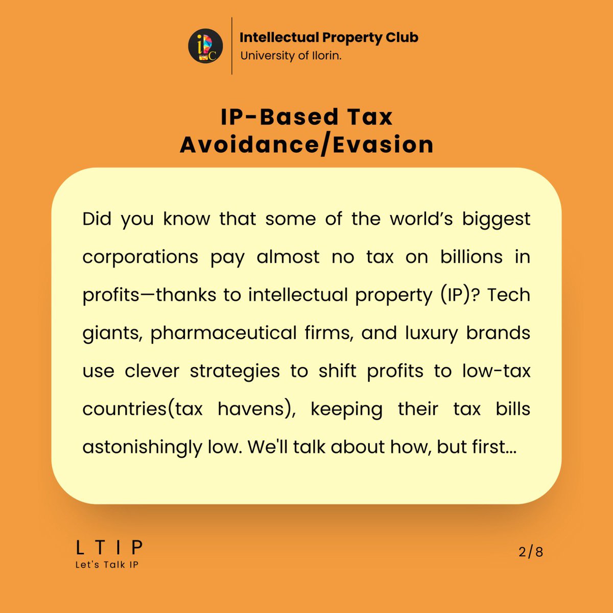 IPCunilorin's tweet photo. A Dutch sandwich? the Double Irish? with a single Malt? Sound good?

Well No! These are one of the most common IP based tax evasion strategies! IP based tax evasion is a prevalent issue now. Have no idea what I’m talking about? 

Then Let’s Talk IP!🧵

#LTIP #ipcunilorin https://t.co/c6c7lF4TCK
