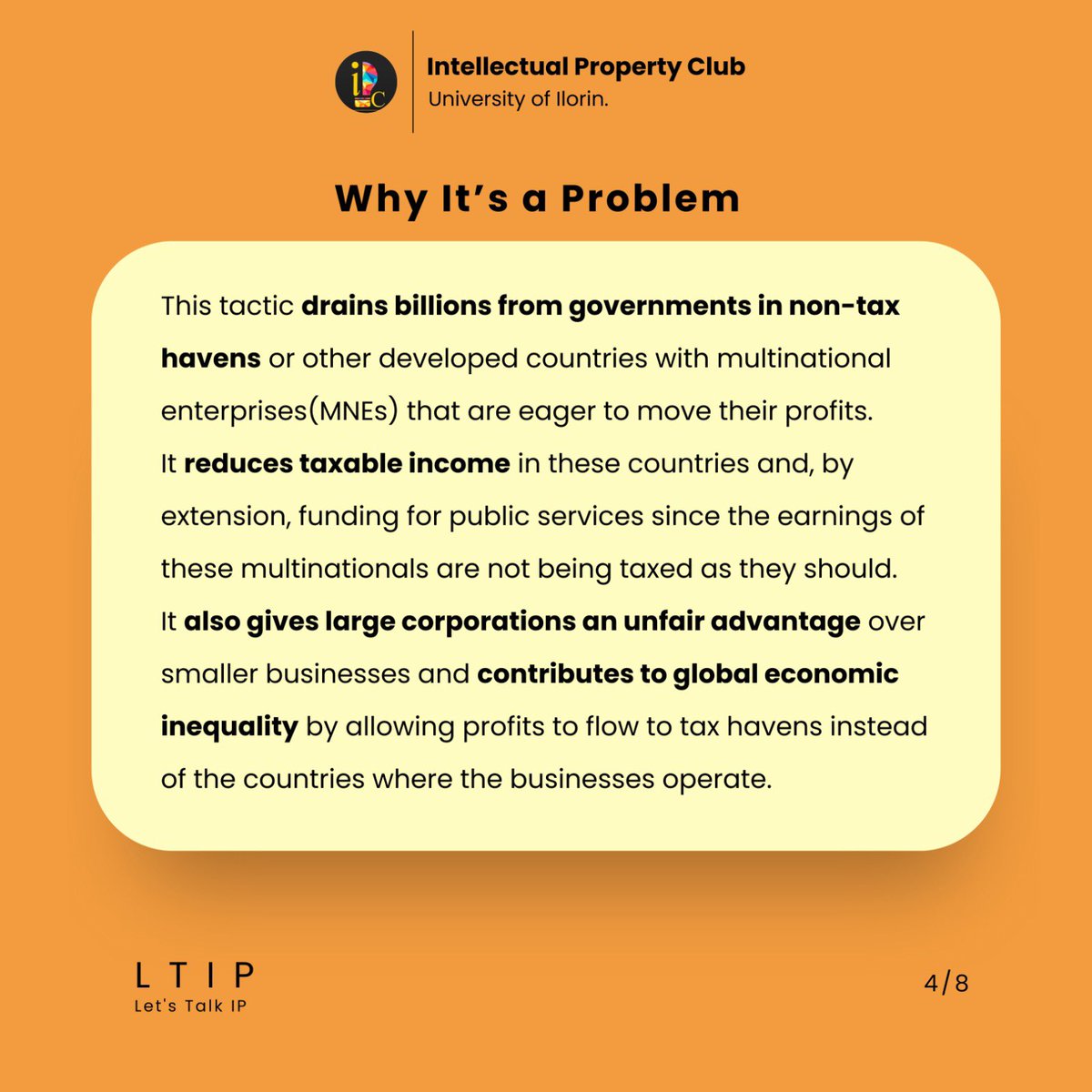 IPCunilorin's tweet photo. A Dutch sandwich? the Double Irish? with a single Malt? Sound good?

Well No! These are one of the most common IP based tax evasion strategies! IP based tax evasion is a prevalent issue now. Have no idea what I’m talking about? 

Then Let’s Talk IP!🧵

#LTIP #ipcunilorin https://t.co/c6c7lF4TCK