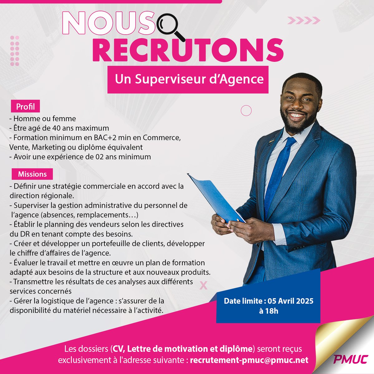 PMUC_officiel's tweet photo. 🔎Le PMUC Recrute un 𝐒𝐮𝐩𝐞𝐫𝐯𝐢𝐬𝐞𝐮𝐫 𝐝'𝐀𝐠𝐞𝐧𝐜𝐞 (𝐇/𝐅) dans la ville de Douala. 

👉Envoyez votre CV, lettre de motivation et diplôme à [recrutement-pmuc@pmuc.net]📩

#Recrutement #PMUC #Superviseur #Agence #Opportunité #Emploi #Management #Carriere https://t.co/1jdQigMwZF