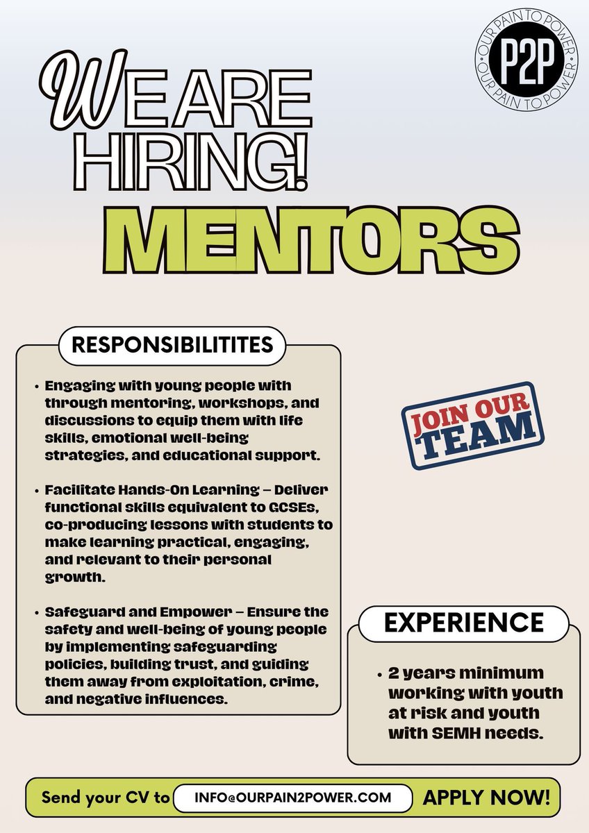 Gideonsnetwork's tweet image. We’re Hiring!
Passionate about guiding young men to a better future? Join Our Pain 2 Power as a Male Mentor and help transform lives. Apply now and be the change!