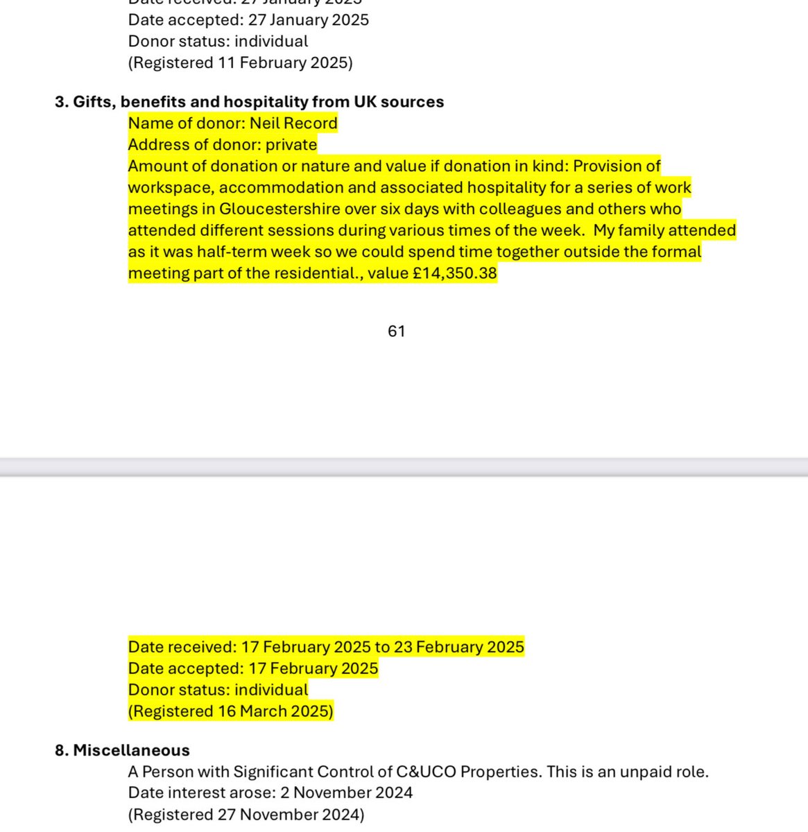 Given the scrutiny of Reeves &amp; Sabrina Carpenter tickets, I was perusing the Members Register of Interests and wowzers, look at the amount Kemi Badenoch has declared ! That family ‘gift’ is nearly 24 times the value of the Carpenter tickets yet not a single comment from the media