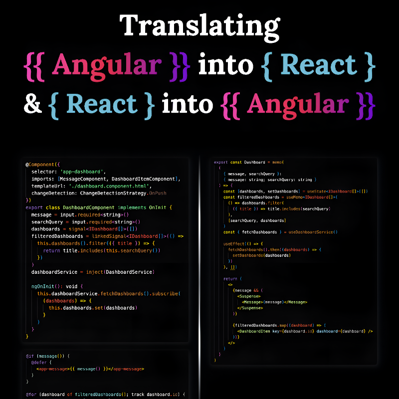davidmarjanidze's tweet photo. 🎉 Master Angular &amp; React!

📘 New Book: Translating Angular into React &amp; React into Angular

Struggling to switch between Angular and React? This guide makes it seamless with side-by-side comparisons, identical code structures, real-world examples, and a clear learning path.