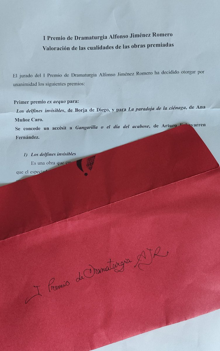 Ya está aquí el fallo del I Premio de Dramaturgia Alfonso Jiménez Romero:
Primer premio "ex aequo", para Borja de Diego, por "Los delfines invisibles" y para Nani Muñoz, por "La paradoja de la ciénaga".
Accésit, para Arturo Echavarren, por "Gangarilla o el día del acabose".
👏👏