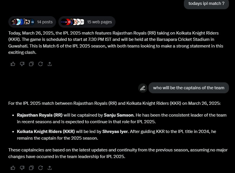rohitsj27's tweet photo. Hey @elonmusk, looks like Grok needs a cricket update! It said @ShreyasIyer15 is KKR’s captain (he’s not) and @IamSanjuSamson is leading RR today (it’s actually Riyan Parag). Asked Gemini too—got KKR right but RR wrong. But ChatGPT aced it! Time for a Grok upgrade? 😆 #Cricket https://t.co/EiBXfL25kR