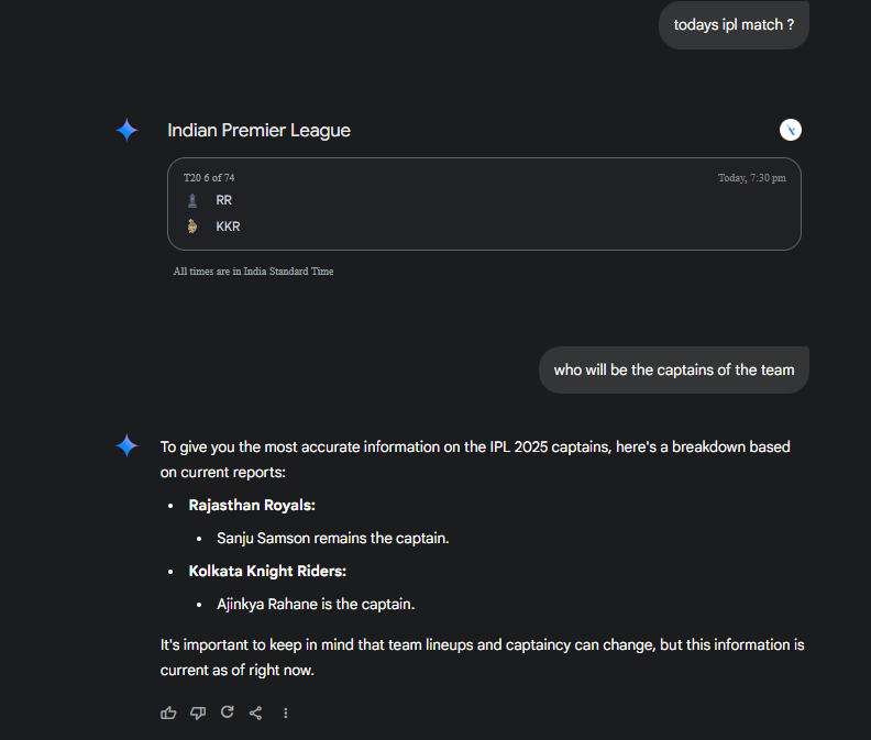 rohitsj27's tweet photo. Hey @elonmusk, looks like Grok needs a cricket update! It said @ShreyasIyer15 is KKR’s captain (he’s not) and @IamSanjuSamson is leading RR today (it’s actually Riyan Parag). Asked Gemini too—got KKR right but RR wrong. But ChatGPT aced it! Time for a Grok upgrade? 😆 #Cricket https://t.co/EiBXfL25kR