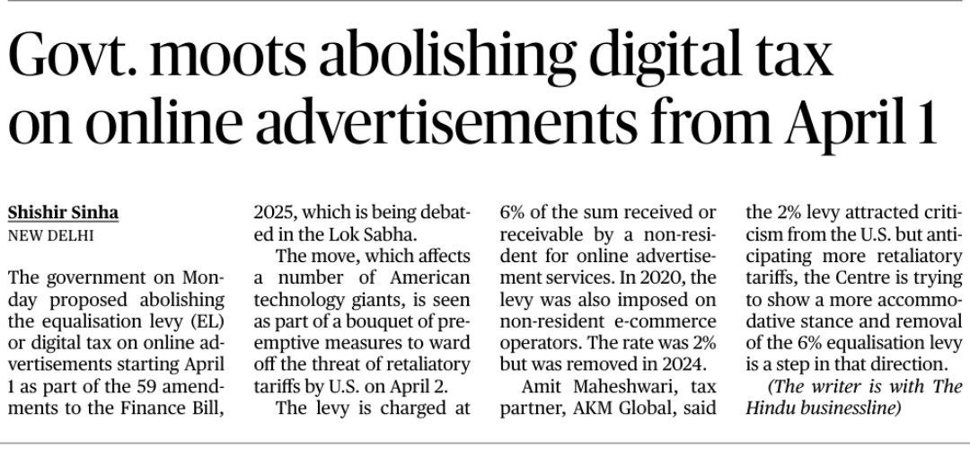_upsc_focus's tweet photo. Govt moots abolishing digital tax on online advertisement from April 1
Details
#PT #EqualisationLevy #Economy #IR #upscprelims2025 #UPSC
Source: TH https://t.co/5as8XdbnuF