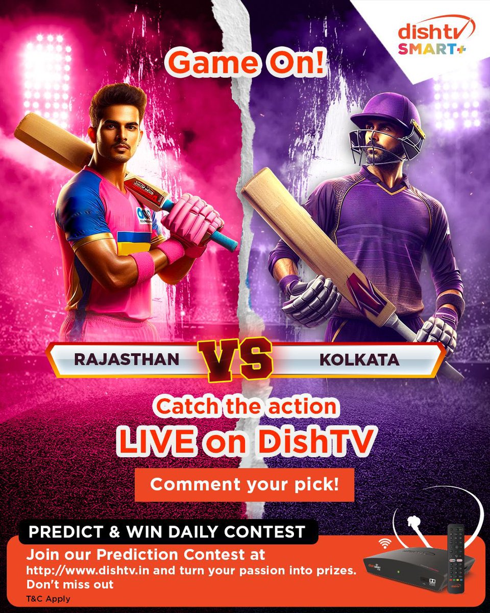 DishTV_India's tweet image. Game On! ⚡🏏

Rajasthan or Kolkata—who’s taking the win tonight? 🔥

Catch all the action LIVE on DishTV and make your prediction count!

💬 Comment your pick &amp;amp; join our PREDICT &amp;amp; WIN contest.

#DishTV #Predict&amp;amp;Win #Cricket #T20League