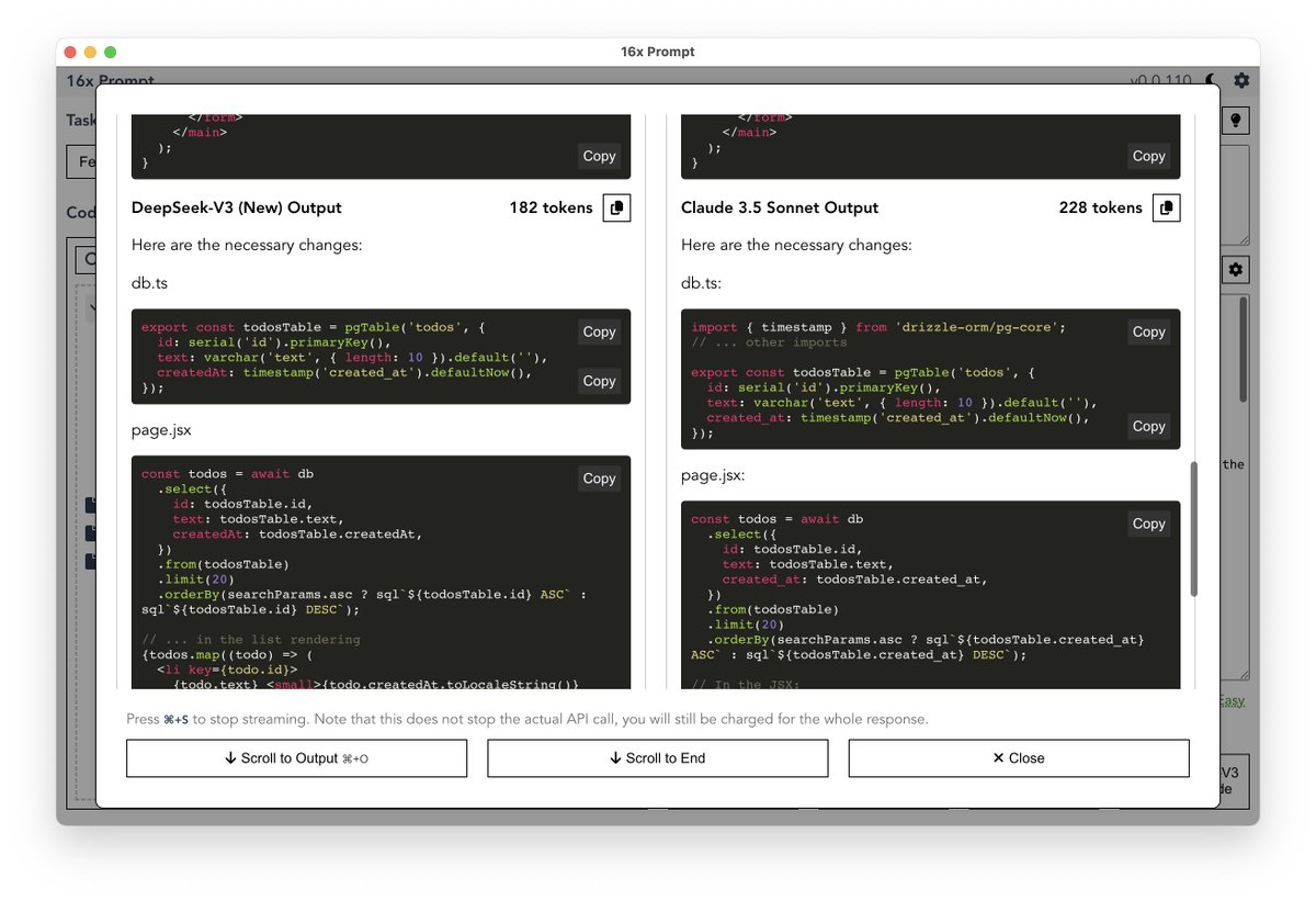 Just released <a href="/16xPrompt/">16x Prompt</a> 0.0.111!

This update added support for DeepSeek models as first-party provider, and you can access the new DeepSeek-V3 model (DeepSeek-V3-0324) directly via DeepSeek API by just entering your API key.

You can also compare the output from DeepSeek-V3
