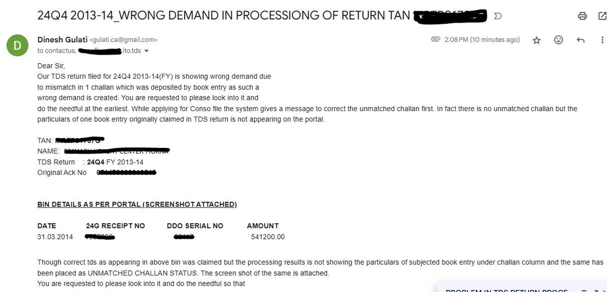 aayush467's tweet photo. @IncomeTaxIndia Since 31st March is the last date for correcting old TDS returns, we have written to contactus@tdscpc.gov.in for problem of TDS paid through Book Entry not being shown under our TAN for March 2014. Kindly look into this and act accordingly. https://t.co/YOvMKJ3HTk