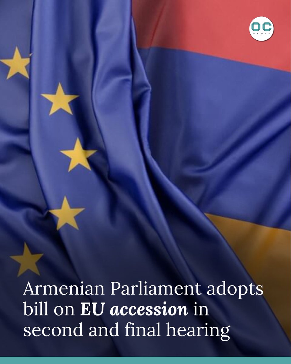 OCMediaorg's tweet photo. The Armenian Parliament adopted a bill that calls on the government to seek EU integration in its second and final hearing on Wednesday. The bill was adopted with 64 votes in favour and 7 against. https://t.co/IOSVQceNLr