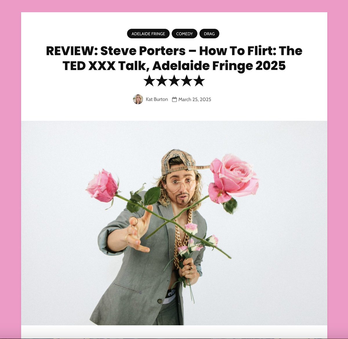 daisydorismay's tweet photo. Thank you @bingefringemag for this gorgeous review, one to show Steve's mum for sure.

https://t.co/XHrzdXvotY

@ADLfringe #steveporters #howtoflirt #theTEDXXXTalk #comedy #melbournecomedy #adelaidefringe #daisydorismay https://t.co/oC7Kfdri8J