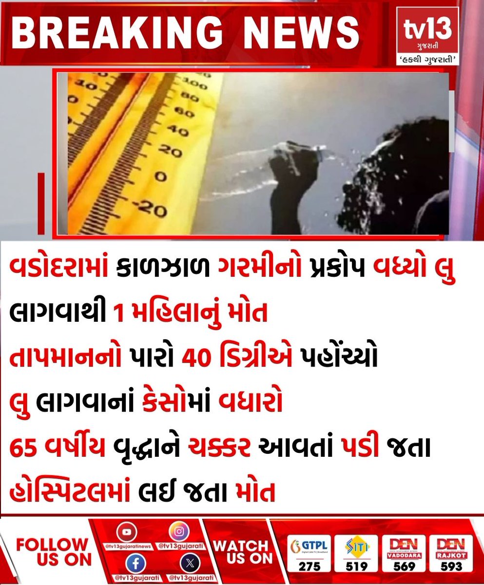 tv13gujarati's tweet photo. વડોદરામાં કાળઝાળ ગરમીનો પ્રકોપ વધ્યો લુ લાગવાથી 1 મહિલાનું મોત
#heatwave #rages #Vadodara #1woman #dies  #heatstroke #tv13gujarati https://t.co/S7UwU473J8