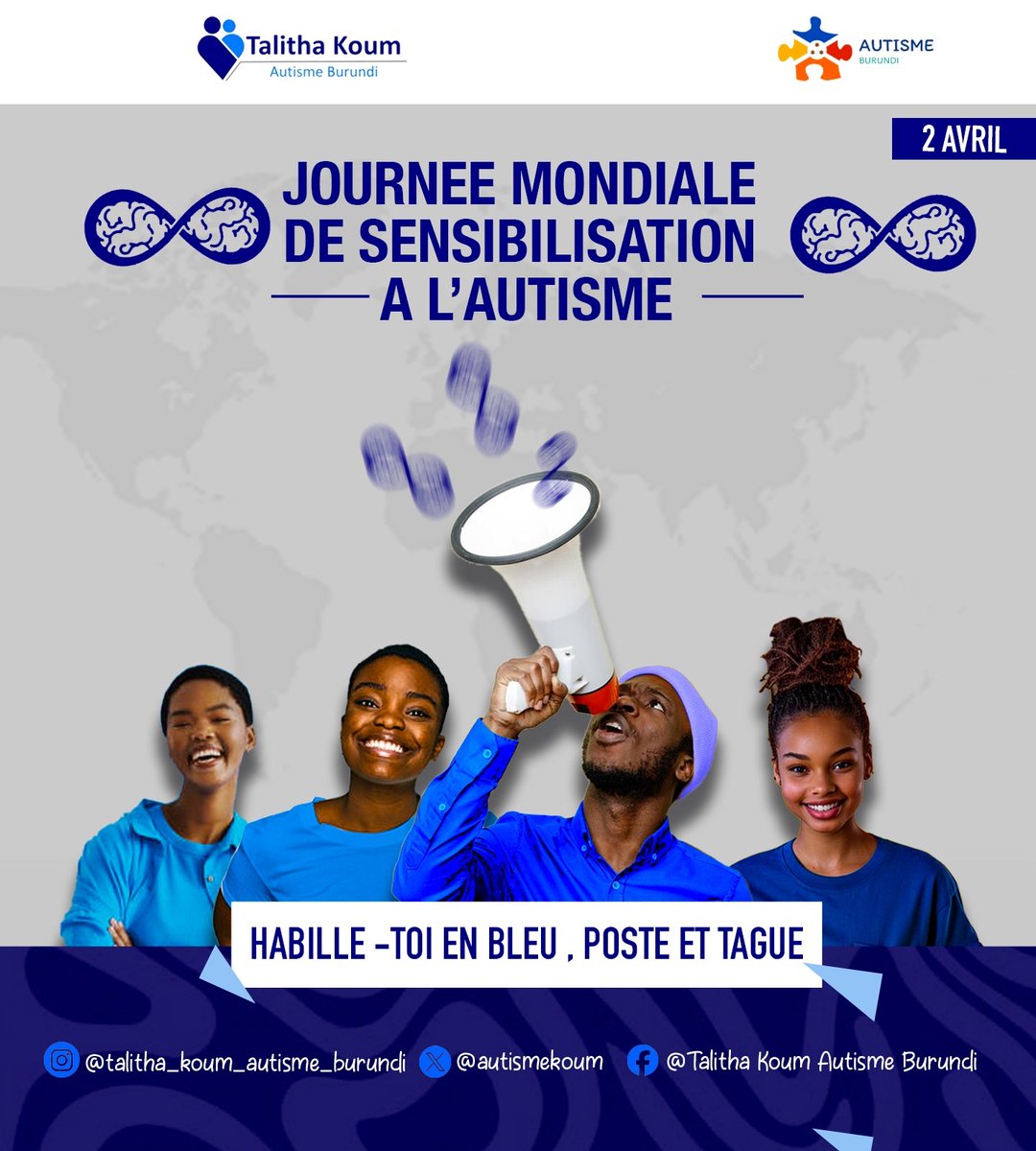 Le 2 avril, portons du bleu 💙 pour soutenir la Journée mondiale de sensibilisation à l’autisme. Montrons que l’inclusion compte au Burundi et ailleurs !
#AutismeBurundi #LightItUpBlue #AutismAwareness #Inclusion #BlueForAutism #InclusionPourTous