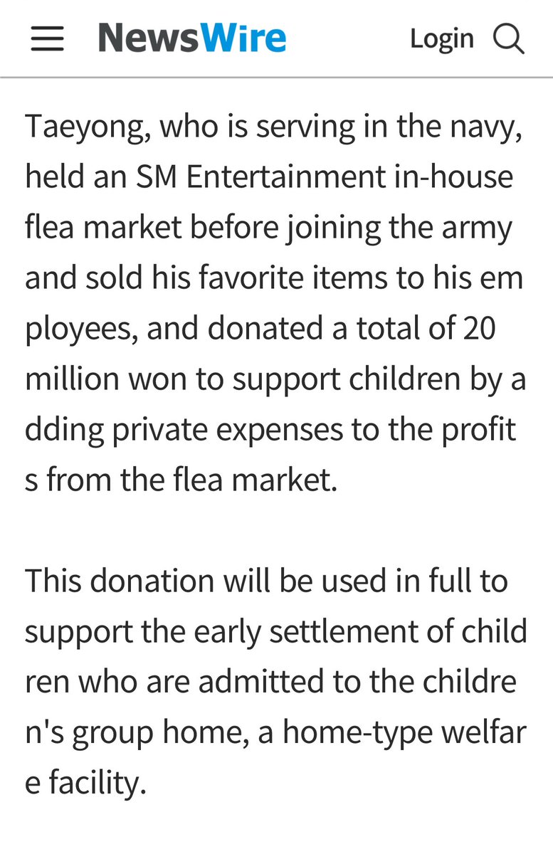 Ieetaesthetic's tweet photo. “Taeyong, who is serving in the navy, held an SM Entertainment in-house flea market before joining the army and sold his favorite items to his employees, and donated a total of 20 million won to support children by adding private expenses to the profits from the flea market.”

Thank you, taeyong, we’re so proud of you🥺🤍