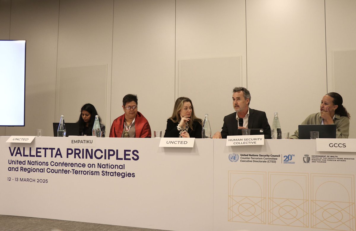 <a href="/HSCollective/">Human Security Collective</a> participated in the #VallettaPrinciplesNARS <a href="/UN/">United Nations</a> conference hosted by <a href="/UN_CTED/">United Nations CTED</a> &amp; #Malta. During the panel, our Deputy Director Fulco van Deventer emphasized the need to involve local communities and #CivilSociety in #CounterTerrorism strategies.