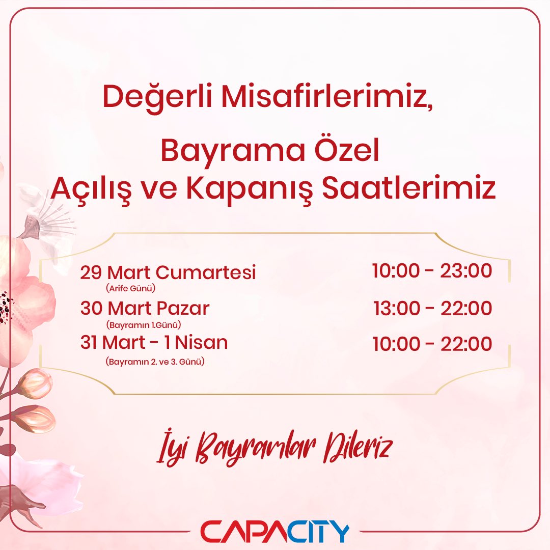 Değerli misafirlerimiz, bayrama özel açılış ve kapanış saatlerimizi bilginize sunar,keyifli alışverişler dileriz.✨

#bayramsaatleri #capacityavm