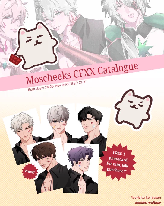 [ likes &amp; reshares appreciated 💕 ]
moscheeks' CFXX open PO + GIVEAWAY 🍒
how to join GA: like + share + tag 1 friend

🗓 26-1 April 2025
📦 pick up / mail order
🔗 https://t.co/fANlO1AG3v
fandom: HSR, ALNST, Plave, LADS

GOs please DM first!

#comifuro20 #cfxx #CFXXcatalogue 