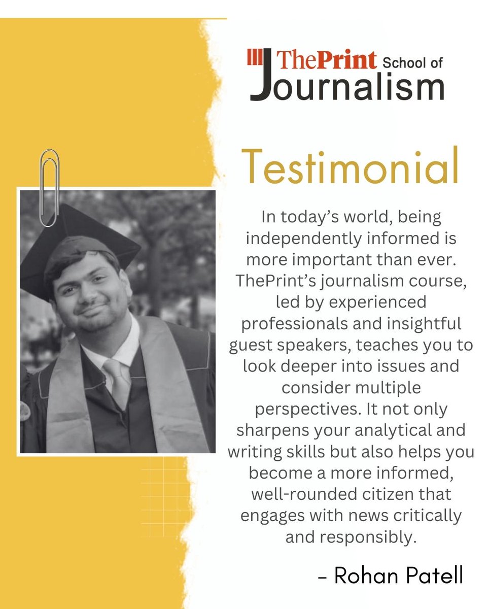 ThePrintIndia's tweet photo. Second batch of #ThePrintSchoolOfJournalism has concluded. Here's what one of our students, Rohan Patell @rpatell, had to say about his experience.             

Interested in becoming a journalist? Admissions Open for Batch 4, apply now: https://t.co/NXnUoxXgYd https://t.co/Zipp3NZkr2