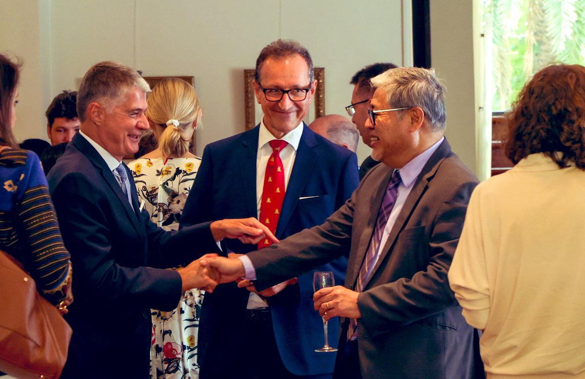 EnriqueAManalo's tweet photo. In my meeting with @EUinthePH and EU Member States today, we reaffirmed our commitment to strengthening cooperation in the face of pressing global challenges, guided by our commitment to upholding the #RulesBasedInternationalOrder and our shared pursuit of peace, sustainable development, and inclusive growth. #DFAForgingAhead