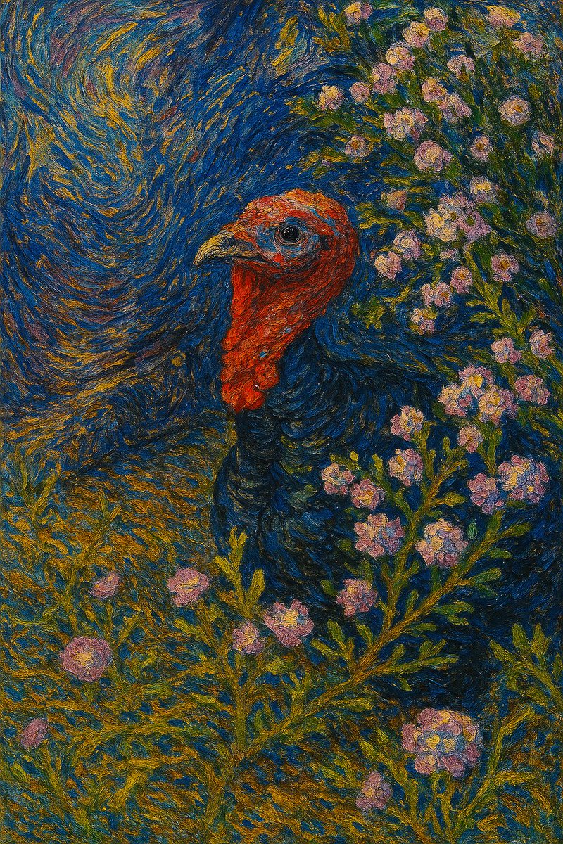 BraveNewClimate's tweet image. My pet turkey, Tommy. Rendition by Van Gogh.