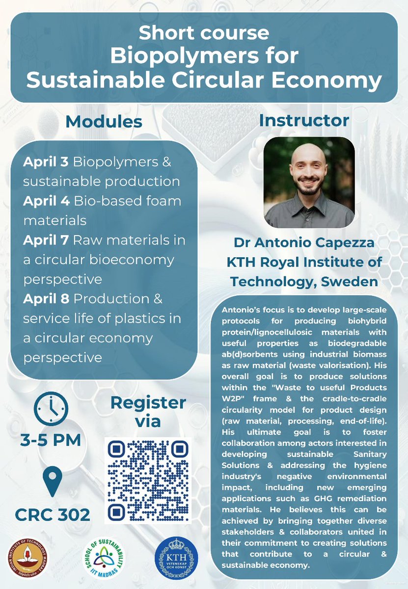 Office of Global Engagement, IIT Madras (@ogeiitm) on Twitter photo Join us for an exclusive short course by Dr. Antonio Capezza from KTH Royal Institute of Technology, Sweden, co-hosted by the Department of Civil Engineering and the School of Sustainability, IIT Madras <a href="/SustainableIITM/">School of Sustainability IIT Madras</a>
π
April 3 - 8 | β° 3-5 PM | π CRC302, IIT Madras
Gain Join us for an exclusive short course by Dr. Antonio Capezza from KTH Royal Institute of Technology, Sweden, co-hosted by the Department of Civil Engineering and the School of Sustainability, IIT Madras <a href="/SustainableIITM/">School of Sustainability IIT Madras</a>
π
April 3 - 8 | β° 3-5 PM | π CRC302, IIT Madras
Gain