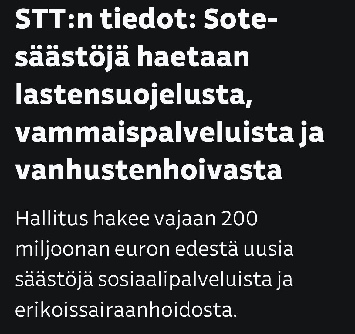 Hallitus on taas leikkaamassa valtion ydintehtävistä, kun ei ole pokkaa leikata tutkitusti kilpailua vääristävistä ja yrityksiä laiskistavista yritystuista.

Jos haluat lisää nykyistä, äänestä kuten ennenkin. Jos haluat asiat tärkeysjärjestykseen, äänestä <a href="/Liberaalipuolue/">Liberaalipuolue</a> 🧡