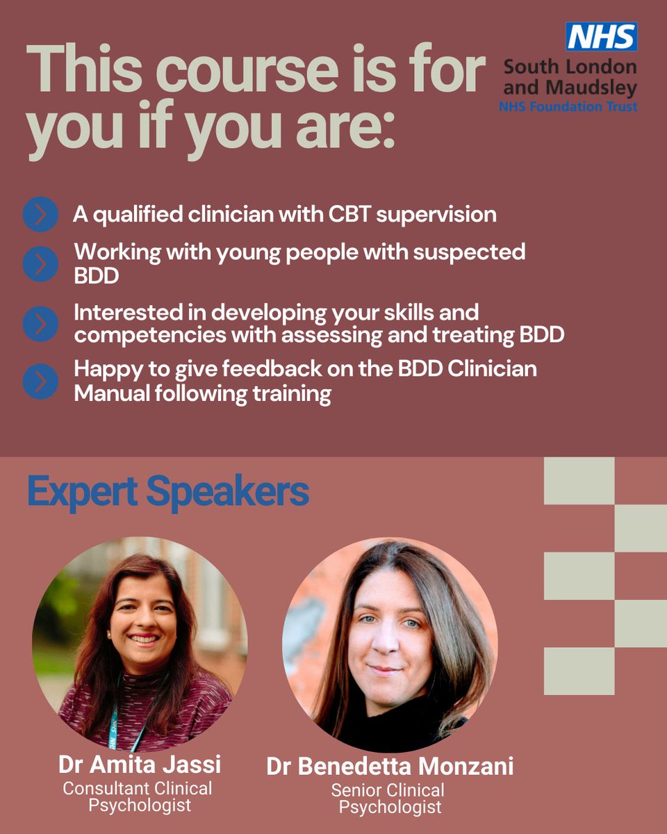 🎓 2-day BDD Training Opportunity 

🔵 This course is for qualified clinicians working with children, young people and families, who are looking to build skills and competencies inline with the current evidence base.

🖊️ Register via: eventbrite.com/e/body-dysmorp…