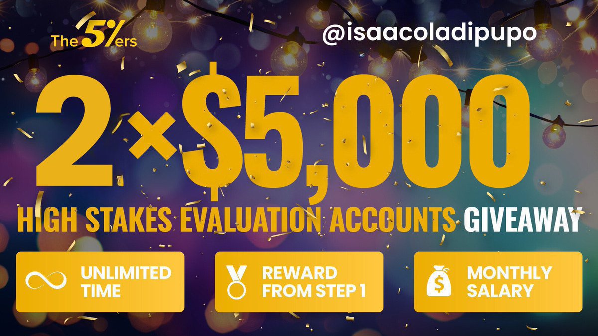 $10K GIVEAWAY ALERT 

2 x $5,000 High Stakes Accounts.

Follow all instructions to be eligible for the giveaway:

Follow: <a href="/the5erstrading/">The5ers</a> || <a href="/iamSoftVina/">Soft-Vina Chinenye💛</a>
|| @E_TRADES01 || <a href="/DForexEngineer/">TheForexEngineer</a> || <a href="/isaacoladipupo_/">Isaac Oladipupo 👑💙</a> || 

Also follow || <a href="/_isaacoladipupo/">Isaac Oladipupo 👑💙</a> || <a href="/Thebetaone/">Beta💫</a> || <a href="/Crypt_Therapist/">TraderFanyi 🧠 📈</a>