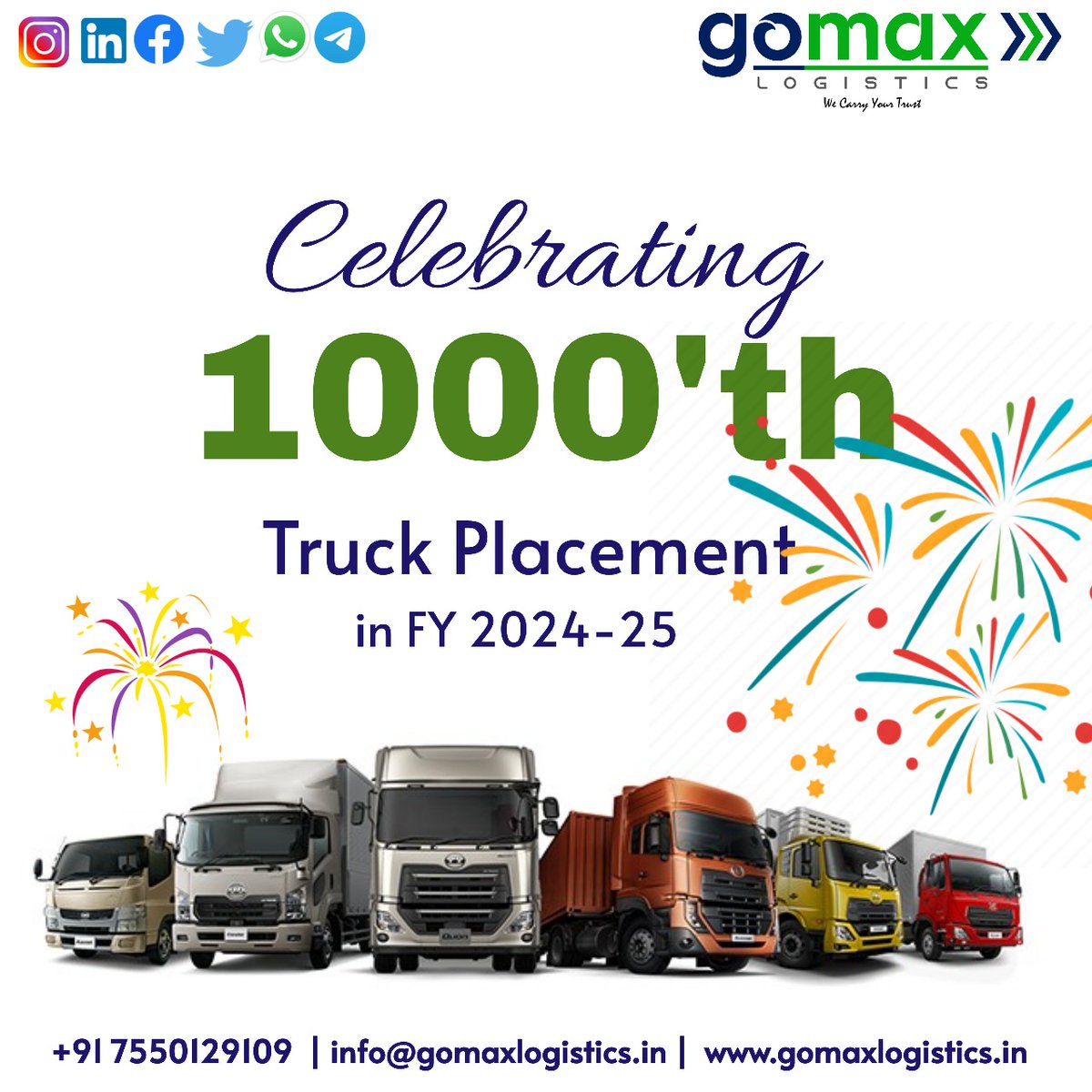 GomaxLogistics's tweet photo. Truck Placement Milestone Celebration
GoMax Logistics Celebrating 1000th Truck Placement.
Thank you Team !! 
#trucks #FTL #logistics #logisticssolutions #transport #transportation https://t.co/JCHu8F0vDY