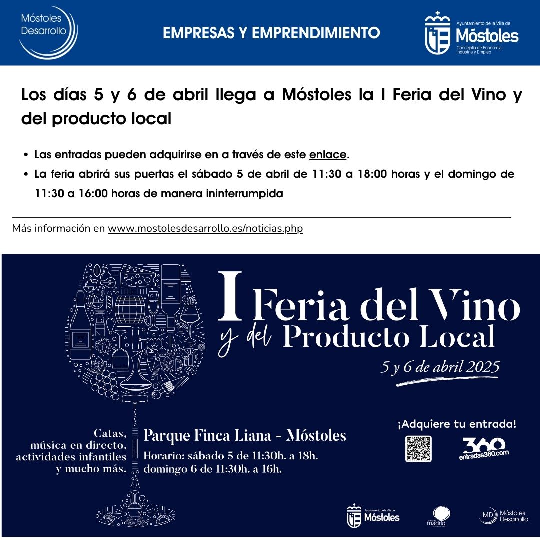 MÓSTOLES DESARROLLO (@mostdesarrollo) on Twitter photo 🍷🍇 ¡Llega a Móstoles la I Feria del Vino y del Producto Local!
📅 Fechas: 5 y 6 de abril
📍 Ubicación: Parque Finca Liana, Móstoles
Compra tu entrada👉 tinyurl.com/u2smpk7h ℹ️ tinyurl.com/bdmf8dk6
❗️Disfruta de una experiencia única❗️
#FeriaVinoMóstoles <a href="/AytoMostoles/">Ayuntamiento de Móstoles</a> 🍷🍇 ¡Llega a Móstoles la I Feria del Vino y del Producto Local!
📅 Fechas: 5 y 6 de abril
📍 Ubicación: Parque Finca Liana, Móstoles
Compra tu entrada👉 tinyurl.com/u2smpk7h ℹ️ tinyurl.com/bdmf8dk6
❗️Disfruta de una experiencia única❗️
#FeriaVinoMóstoles <a href="/AytoMostoles/">Ayuntamiento de Móstoles</a>