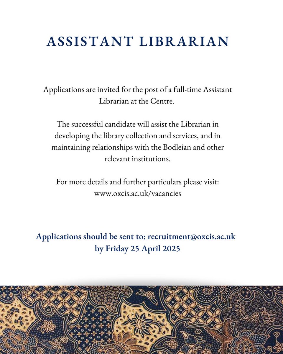 For more information, click the link in our bio or visit “Vacancies” section of our website.
 
#assistantlibrarian #ocislibrary  #oxfordcentreforislamicstudies