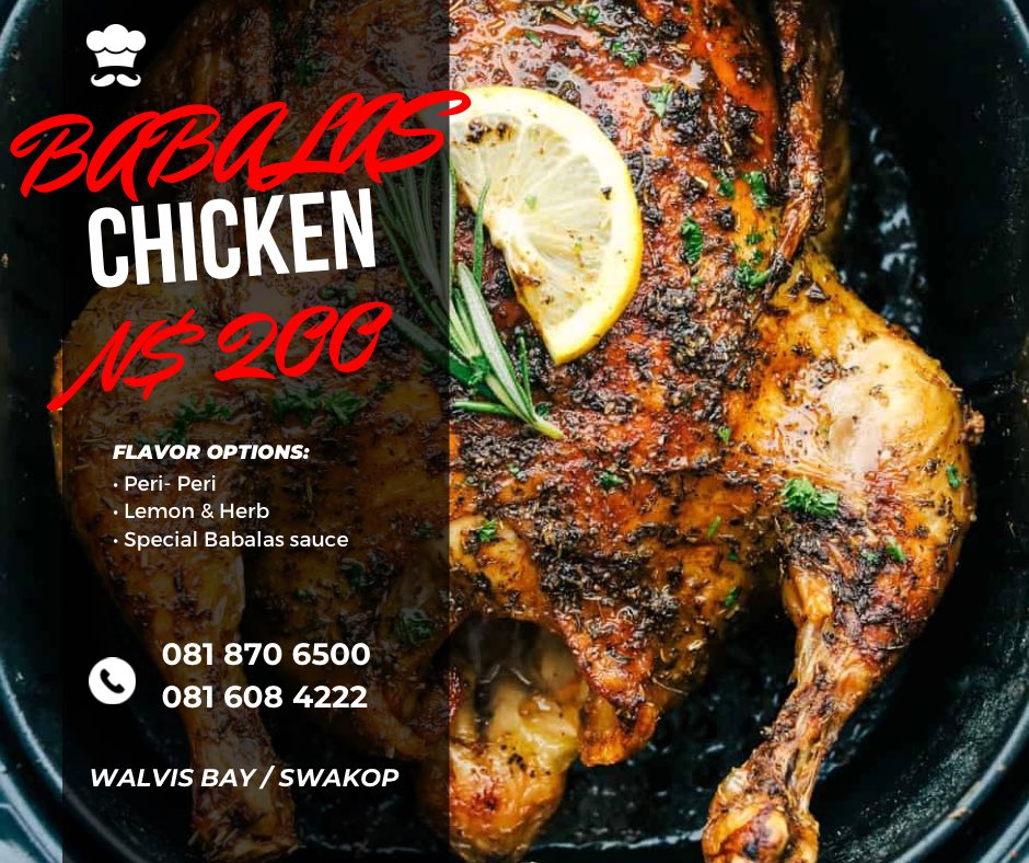 Get your hands on our mouthwatering Babalas Flame Grilled Full chicken for just N$200! Choose from Peri-Peri, Lemon &amp; Herb, or our special Babalas sauce. 😋
📍 Walvis Bay / Swakop
📞 081 870 6500 | 081 608 4222
