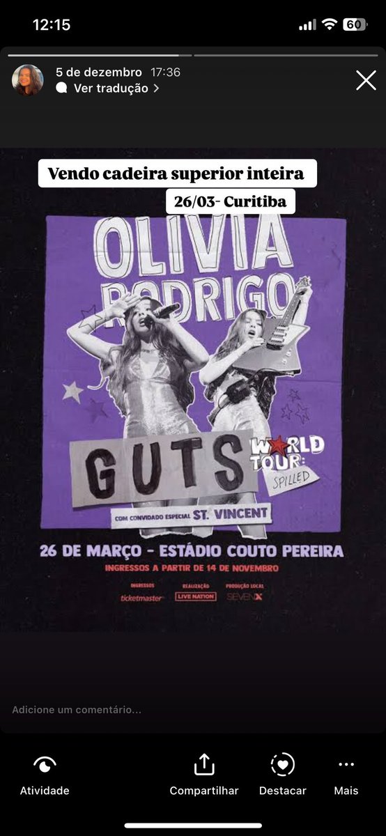 solzinhagabi's tweet photo. Vendendo ingresso show da Olivia Rodrigo HOJE 26/03 em CURITIBA 

Metade do preço que comprei! (330)

CADEIRA SUPERIOR 

Olívia Rodrigo/ show / ingresso / vendo https://t.co/Be2IQXzcWl