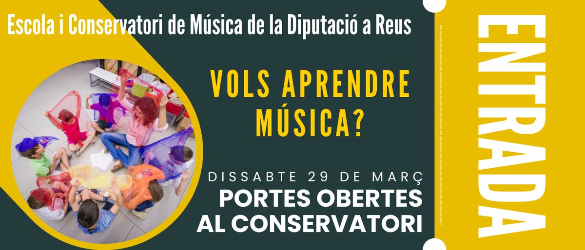 ℹ Aquest dissabte 29 al matí, no et perdis les #PortesObertes al <a href="/cmreus/">Conservatori Reus</a> 🎵 Tallers familiars, mostra d'instruments, assessorament professional... Si vols aprendre música, no t'ho pensis! Incripcions a forms.gle/DfMfjuaMv47evE… #sonsqueeduquen #50anysfentsonarReus <a href="/Dipta_cat/">Diputació de Tarragona</a>