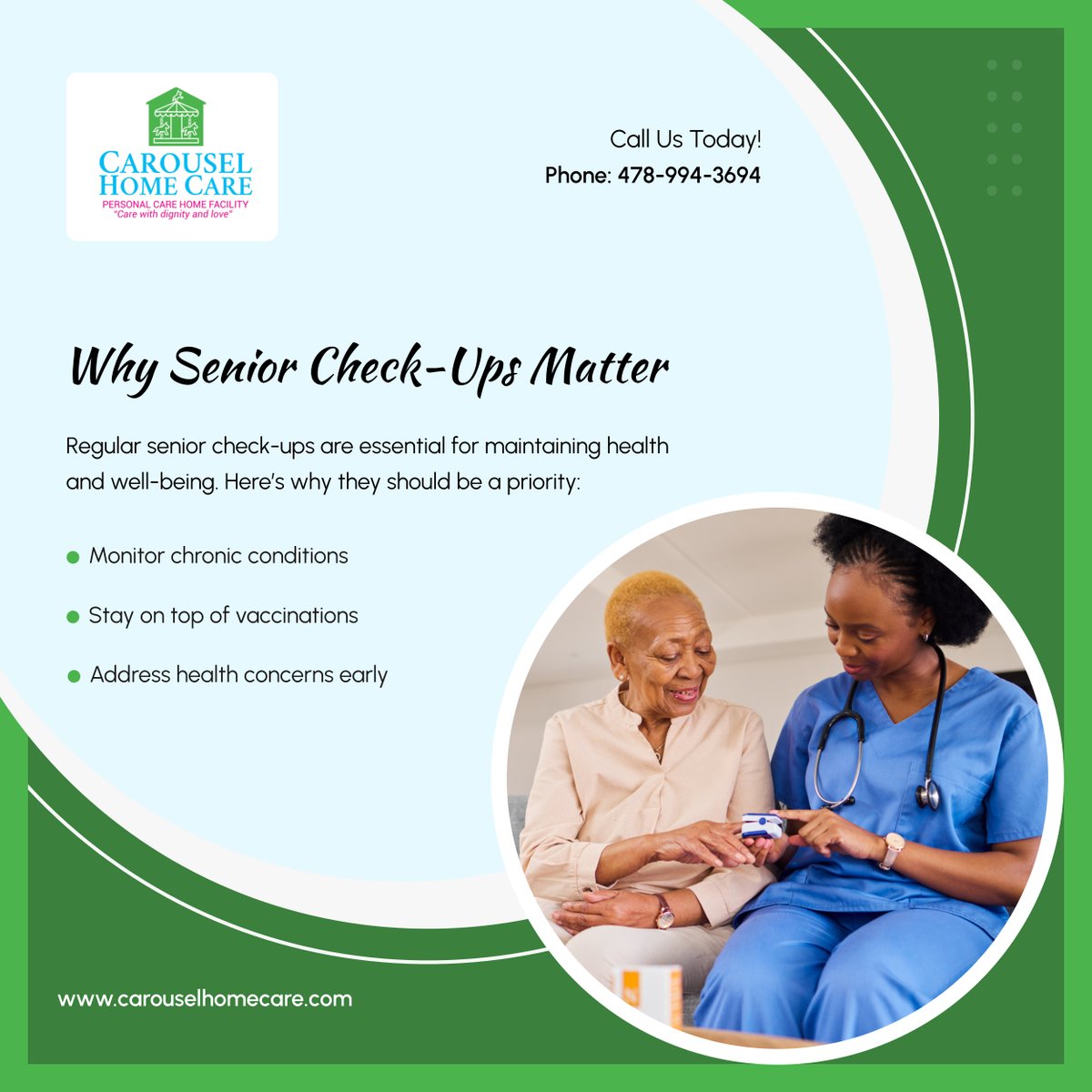 carouselhc's tweet image. Regular wellness visits are crucial for detecting and managing health issues early. Help seniors stay on top of their health by scheduling routine check-ups. 

#ForsythGA #AssistedLiving #WellnessCheckup