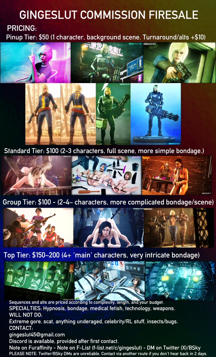 Commissions are on sale for the forseeable. Money is tight yet still.
F-List contact profile link: f-list.net/c/gingeslut/