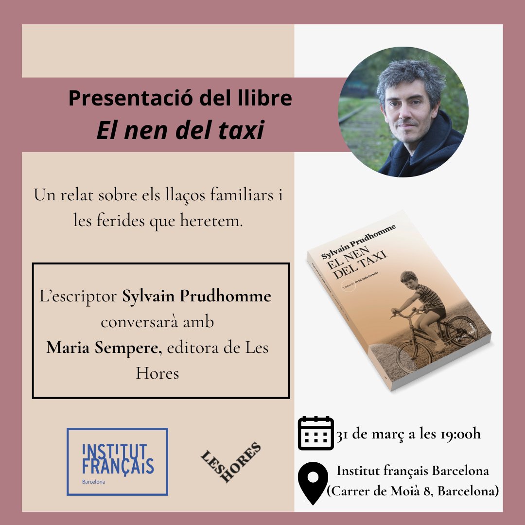 Editorial LesHores (@edleshores) on Twitter photo 🗓️Aquesta tarda, a les 19h. Presentació d'El nen del taxi amb Sylvain Prudhomme, a l'Institut français <a href="/IF_Barcelona/">Institut français de Barcelona</a>
✒️400.000 nens van néixer fruit de relacions entre soldats aliats i dones alemanyes. Aquesta novel·la s’endinsa en aquesta realitat històrica.
✨Us hi esperem! 🗓️Aquesta tarda, a les 19h. Presentació d'El nen del taxi amb Sylvain Prudhomme, a l'Institut français <a href="/IF_Barcelona/">Institut français de Barcelona</a>
✒️400.000 nens van néixer fruit de relacions entre soldats aliats i dones alemanyes. Aquesta novel·la s’endinsa en aquesta realitat històrica.
✨Us hi esperem!