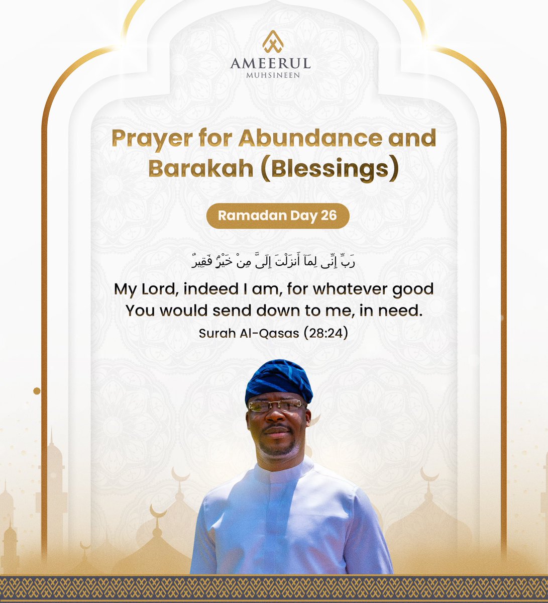 KamorYusuf's tweet image. Prayer for Abundance and Barakah

“My Lord, indeed I am, for whatever good You would send down to me, in need.” — Surah Al-Qasas (28:24)

May this blessed day bring divine sustenance, mercy, and endless blessings. Ameen.

— Kamorudeen Yusuf, Ameerul Muhsineen.