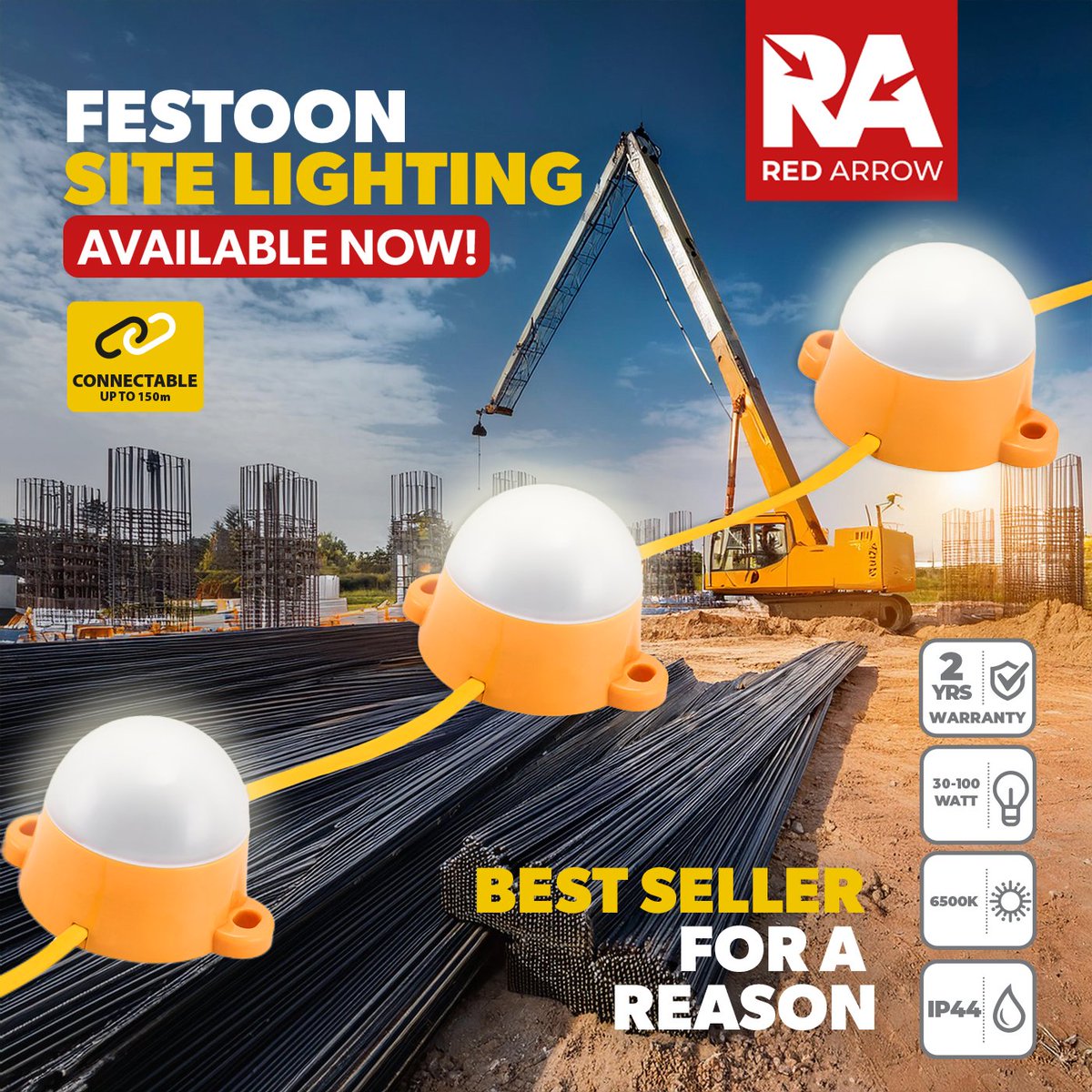 RedArrowElec's tweet image. Brighten up your site with our expanded Festoon Site Lighting range! 💡✨
🌟 Lengths available: 12m, 22m, and 50m kits.
🔗 Connectable: Join up to 150m in any combination.
☁️ Suspend: Support your festoon with Sky Hook’s.
#constructionmanagement #ledlightingsolutions #LEDlighting