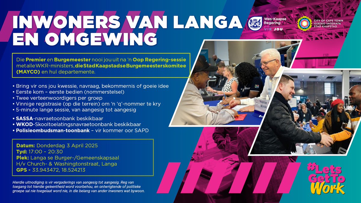 CityofCT's tweet photo. Calling all residents, businesses, visitors and staff in Langa!🗣️

The Premier and Mayor invite you to join Provincial and City Staff at the Open Government Event.

📅 3 April 2025
🕔 17:00 - 20:30
📍 Langa Civic/Community Hall, c/o Church and Washington Streets, Langa

#CTEvent https://t.co/aRjTkwyl7U