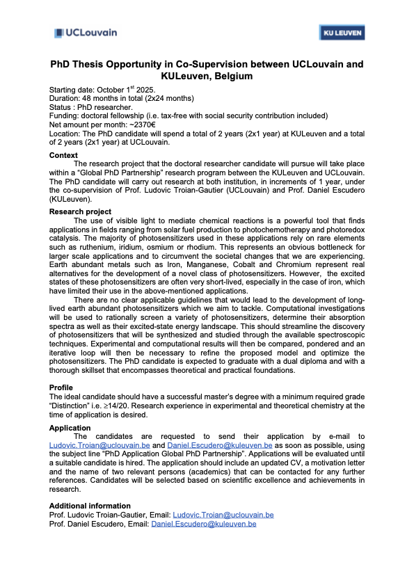 Daniel Escudero Masa (@dr_escudero) on Twitter photo 📢📢Interested in transition metal complexes' photophysics? PhD opening at <a href="/LudoTroian/">Ludo Troian-Gautier</a> 's lab (UCL, Louvain-la-Neuve) and at my lab (KU Leuven). Please RT 📢📢Interested in transition metal complexes' photophysics? PhD opening at <a href="/LudoTroian/">Ludo Troian-Gautier</a> 's lab (UCL, Louvain-la-Neuve) and at my lab (KU Leuven). Please RT